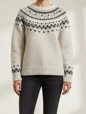 L.L. Bean Women's Sweater Sz S 100% Lambs Wool Fai Isle Design Cream Black Gray